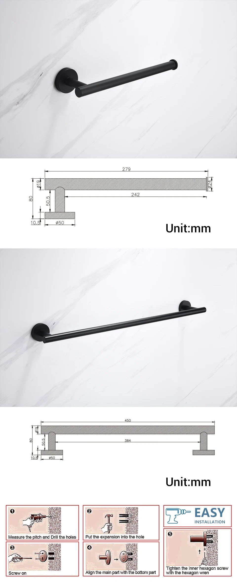 Bathroom Hardware Kit Towel Bar Wall Mount Matt