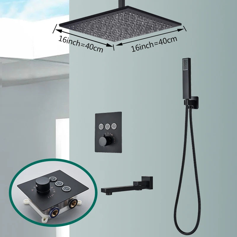 Rozin Matte Black Thermostatic Shower Faucet Concealed Install