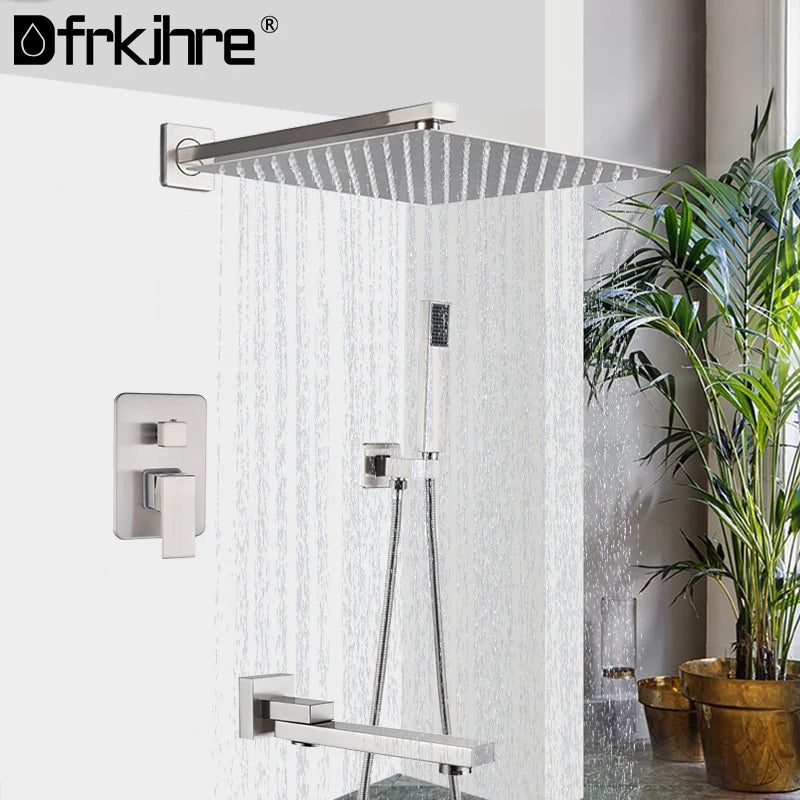 Brushed Nickel Bath Concealed Rainfall Shower Faucets Wall
