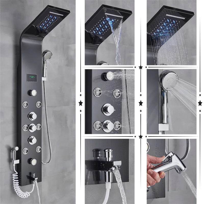 Luxury Black/Brushed Bathroom Shower Faucet Led Rainfall Shower