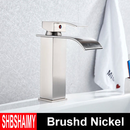 Brushed Gold Bathroom Basin Faucet Deck Mounted Waterfall