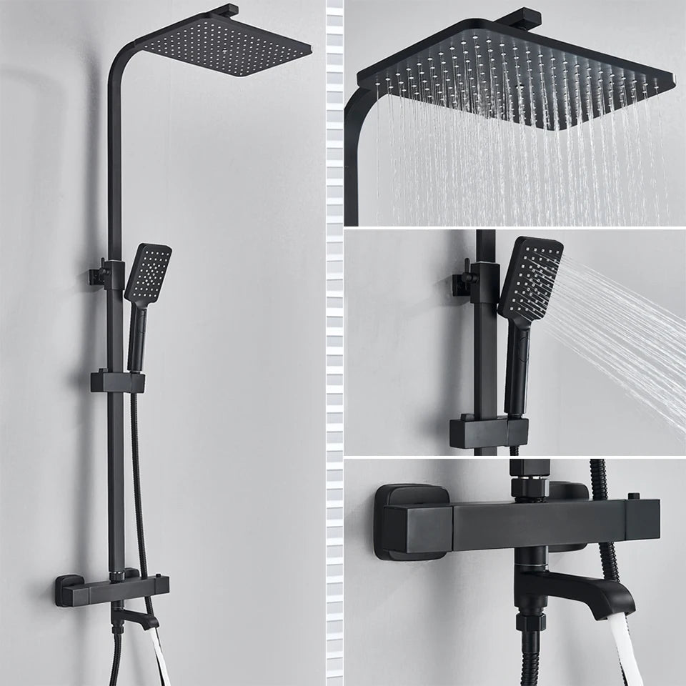Bathroom Thermostatic Shower Faucet Rainfall Head Wall Mounted