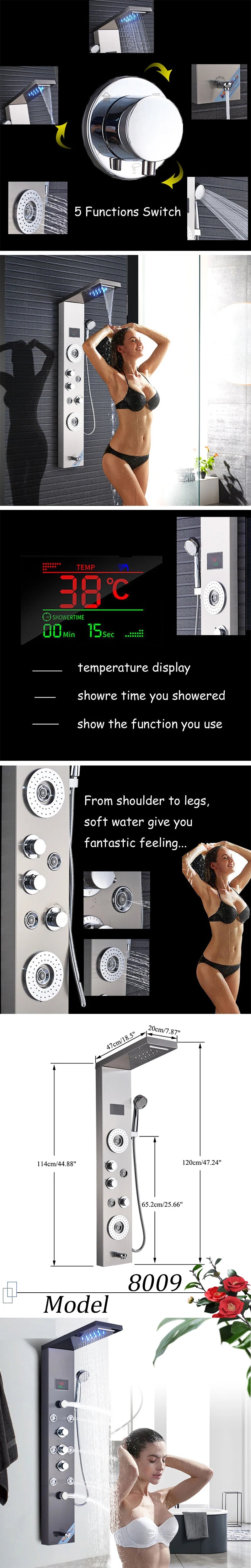 Luxury Black/Brushed Bathroom Led Shower Panel Tower System