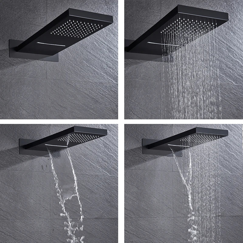Matte Black Rain Waterfall Shower Thermostatic Mixer Bath