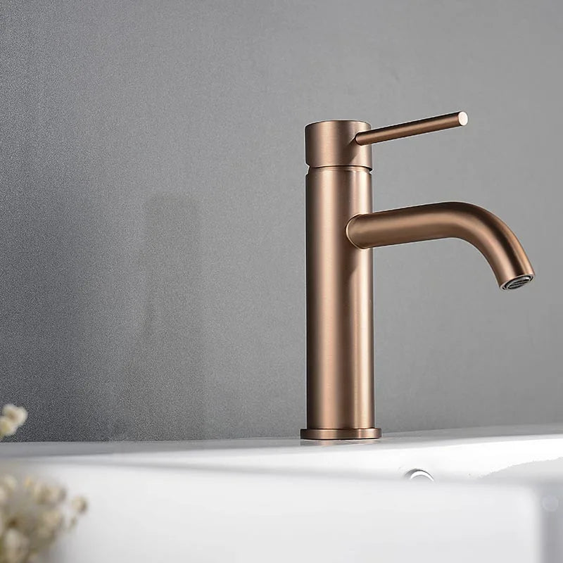 Brushed Rose Gold Bathroom Sink Faucet Deck Mounted