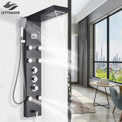Black Bath Shower Thermostatic Mixer Shower Panel Rainfall