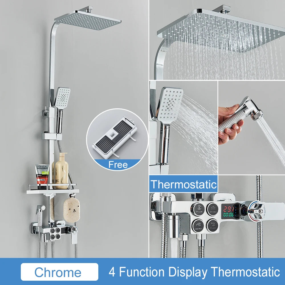 Black Thermostatic Lcd Shower Faucet Temperature Display Rainfall