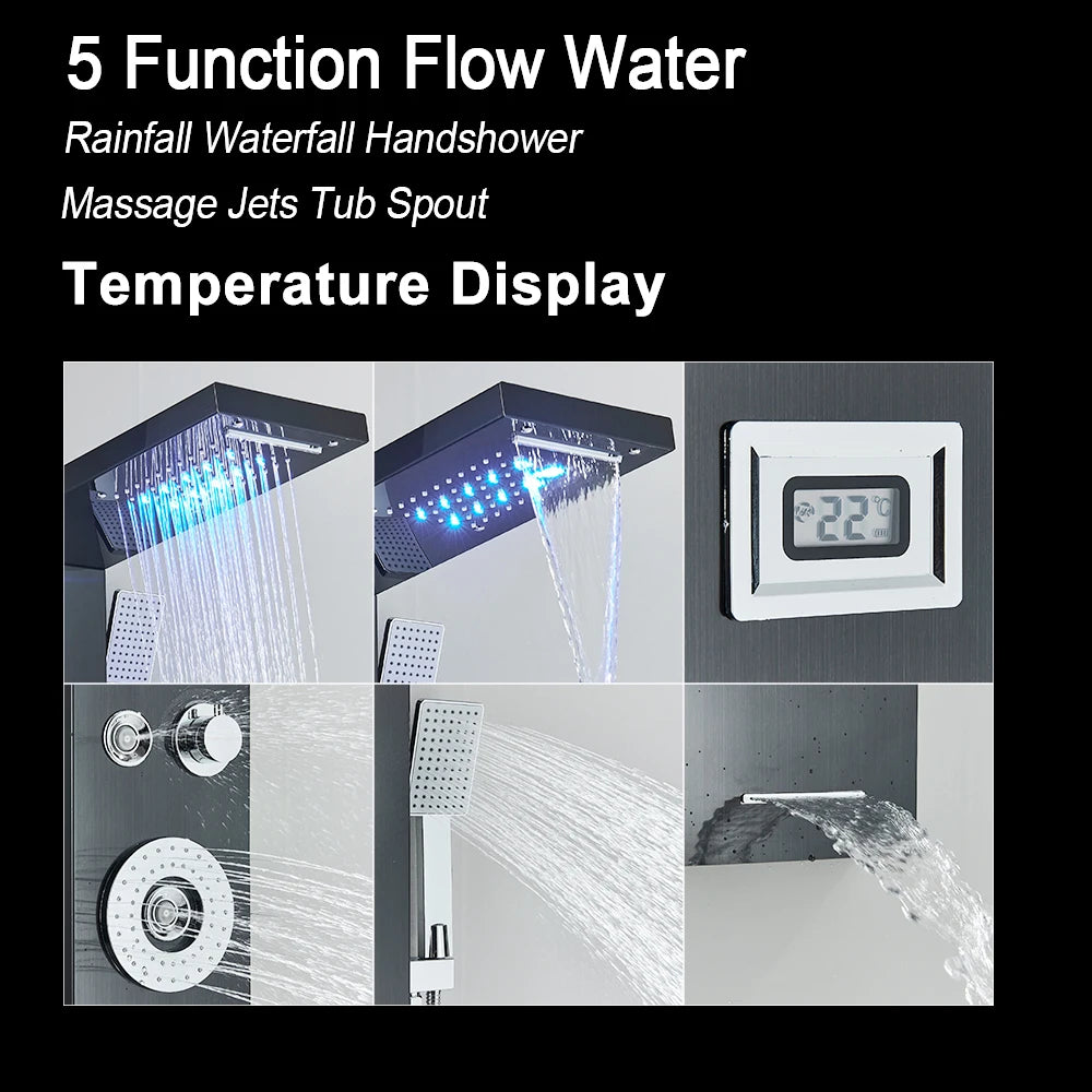 Black Led Shower Panel Waterfall Rain Shower Faucet