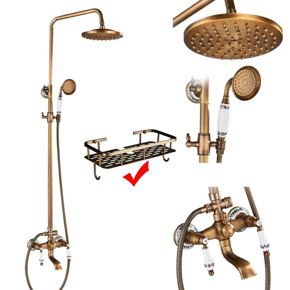 Antique Brass Shower Faucet Mixers Dual Handle Rainfall