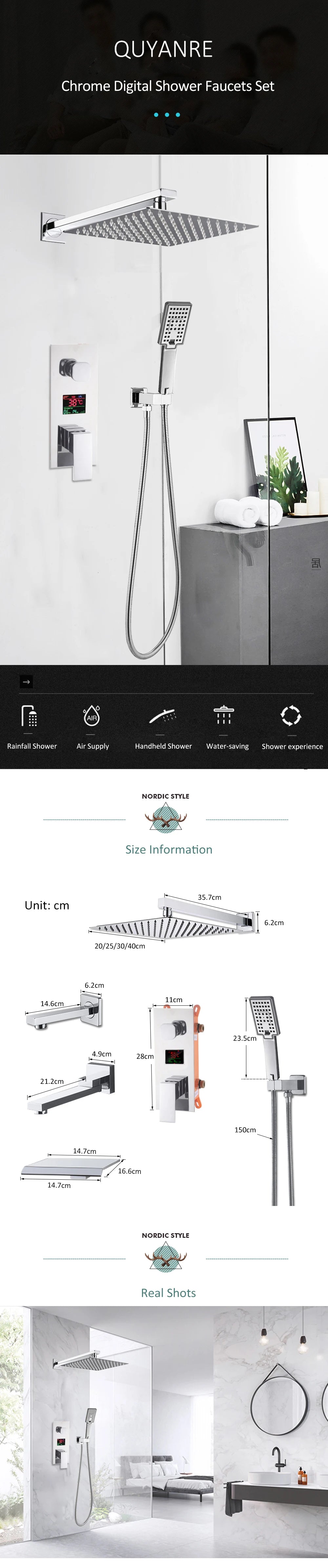 Chrome Bathroom Digital Display Shower Faucet Rainfall Shower