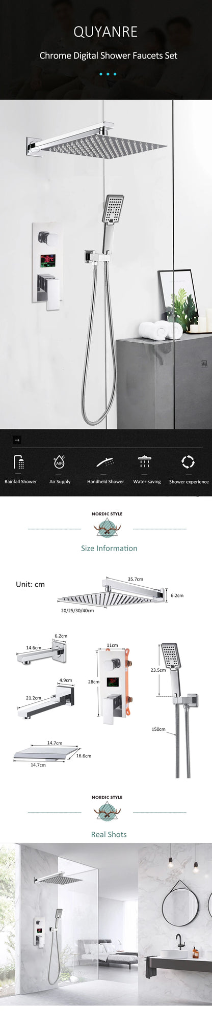 Chrome Bathroom Digital Display Shower Faucet Rainfall Shower