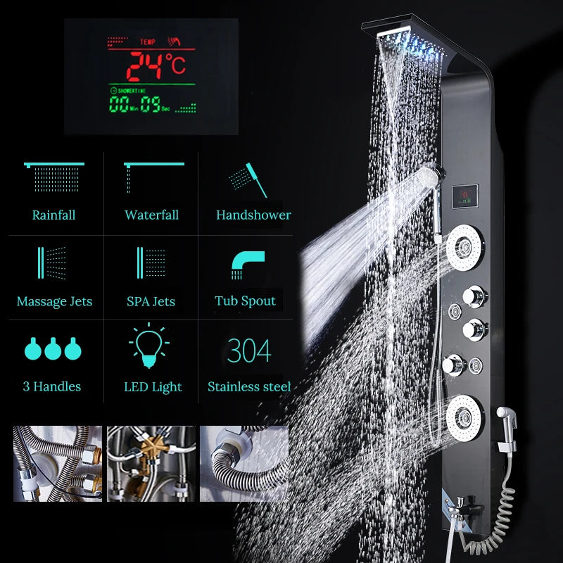 Luxury Black/Brushed Bathroom Shower Faucet Led Rainfall Shower