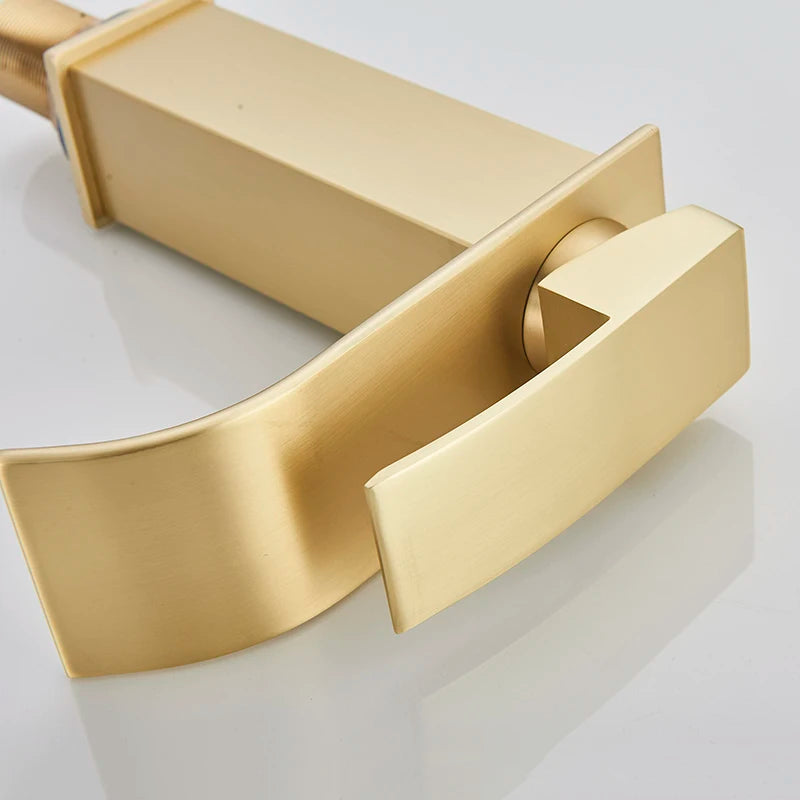Brushed Gold Bathroom Basin Faucet Deck Mounted Waterfall