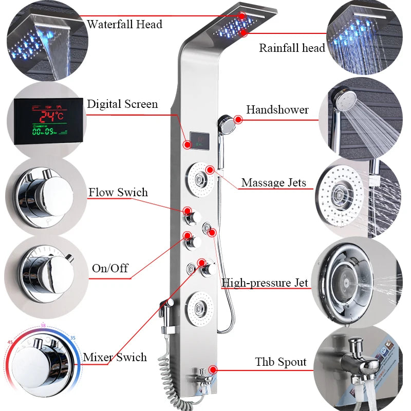Luxury Black/Brushed Bathroom Shower Faucet Led Rainfall Shower