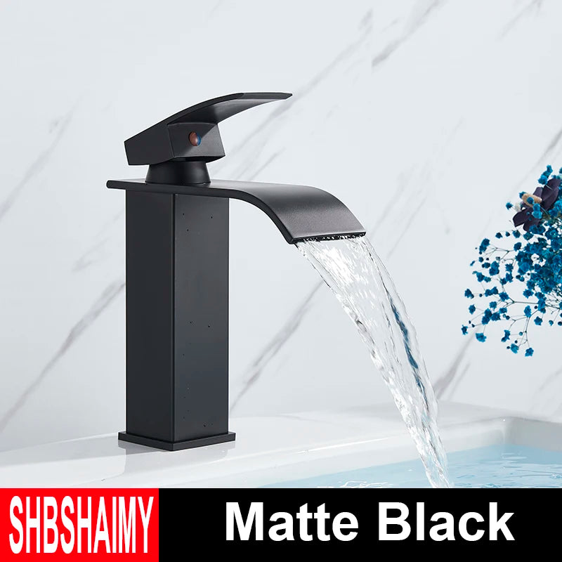 Brushed Gold Bathroom Basin Faucet Deck Mounted Waterfall