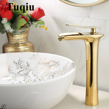 Basin Faucet Gold Waterfall Faucet Brass Bathroom Faucet