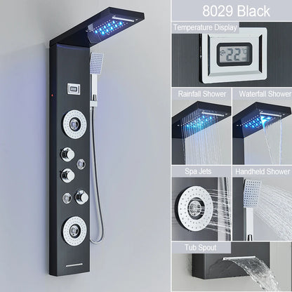 Black Led Shower Panel Waterfall Rain Shower Faucet