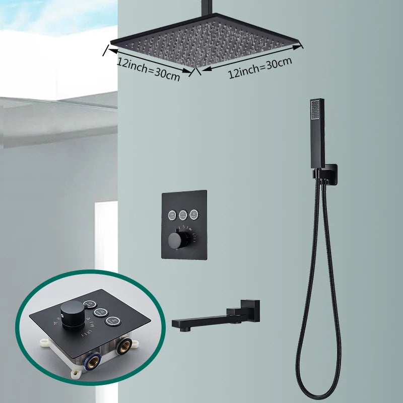 Rozin Matte Black Thermostatic Shower Faucet Concealed Install