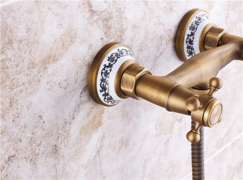 Retro Shower Faucets Antique Brass Ceramics Bathtub Faucets