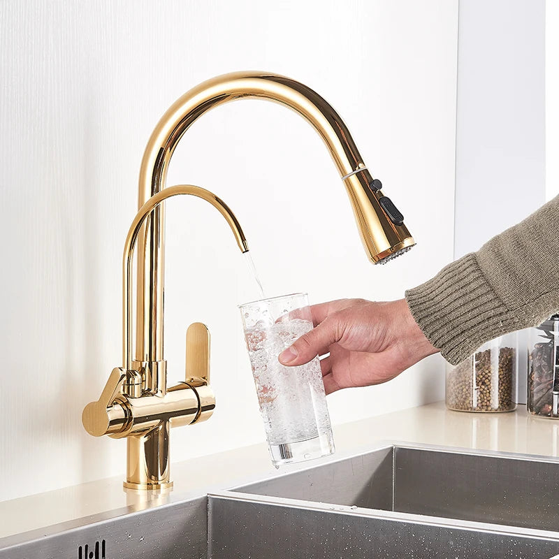 Gold Purify Water Faucet Deck Mounted Dual Handle