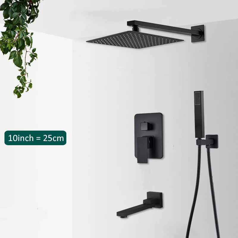 Black Concealed Shower System Rain Waterfall Bathroom Embedded