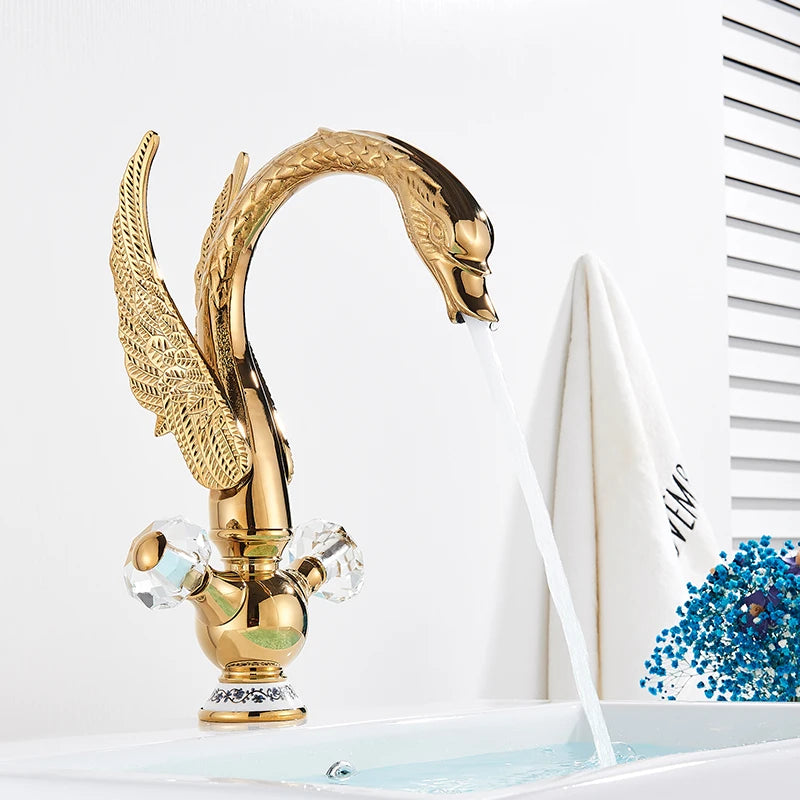 Golden Luxury Swan Basin Faucet Deck Mounted Bathroom