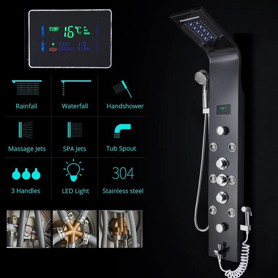 Luxury Black/Brushed Bathroom Shower Faucet Led Rainfall Shower