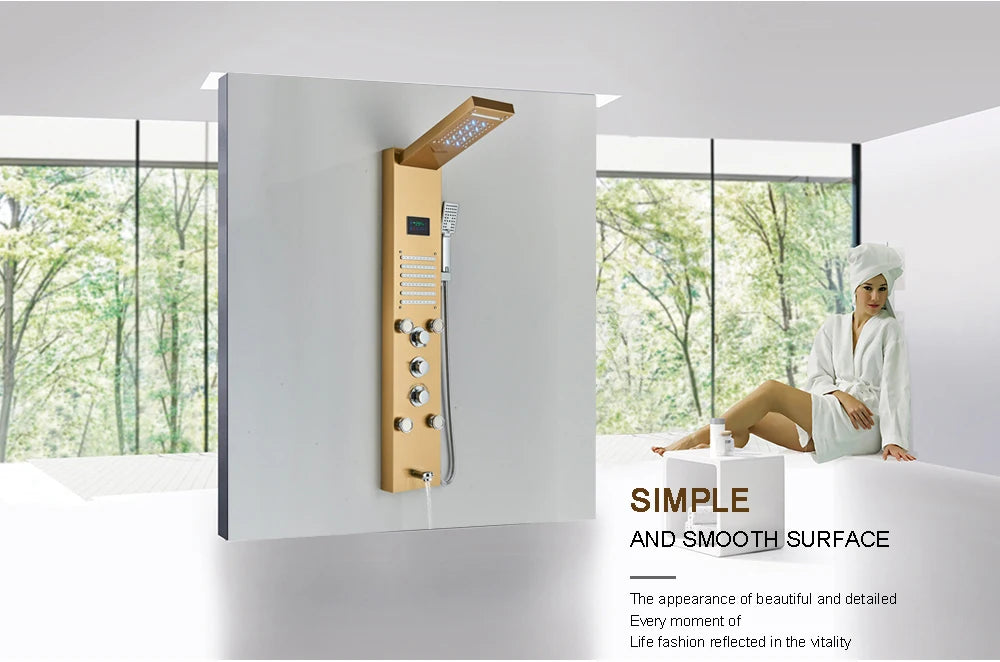 Golden Black Shower Panel Wall Rain Waterfall Shower
