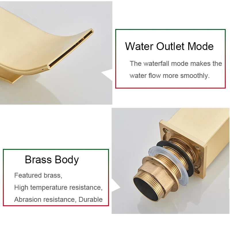 Brushed Gold Bathroom Basin Faucet Deck Mounted Waterfall
