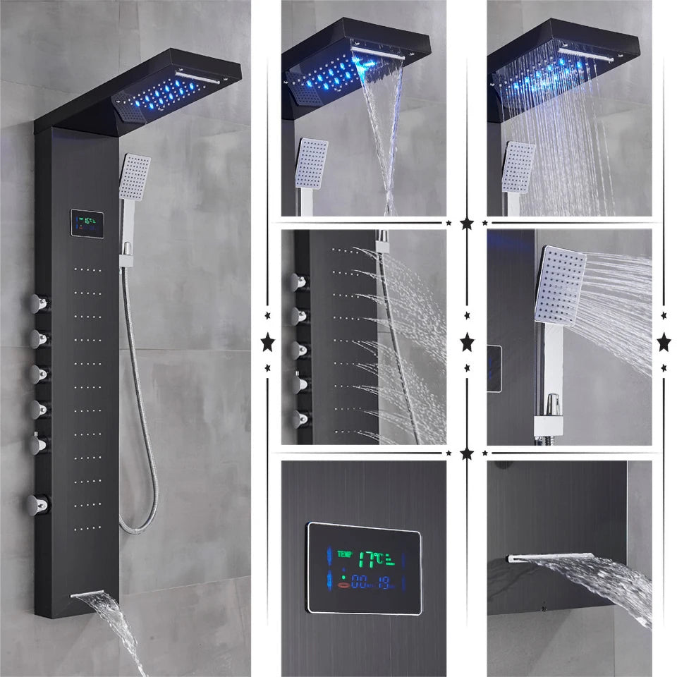 Black/Brushed Bathroom Shower Faucet Led Rainfall Head Shower