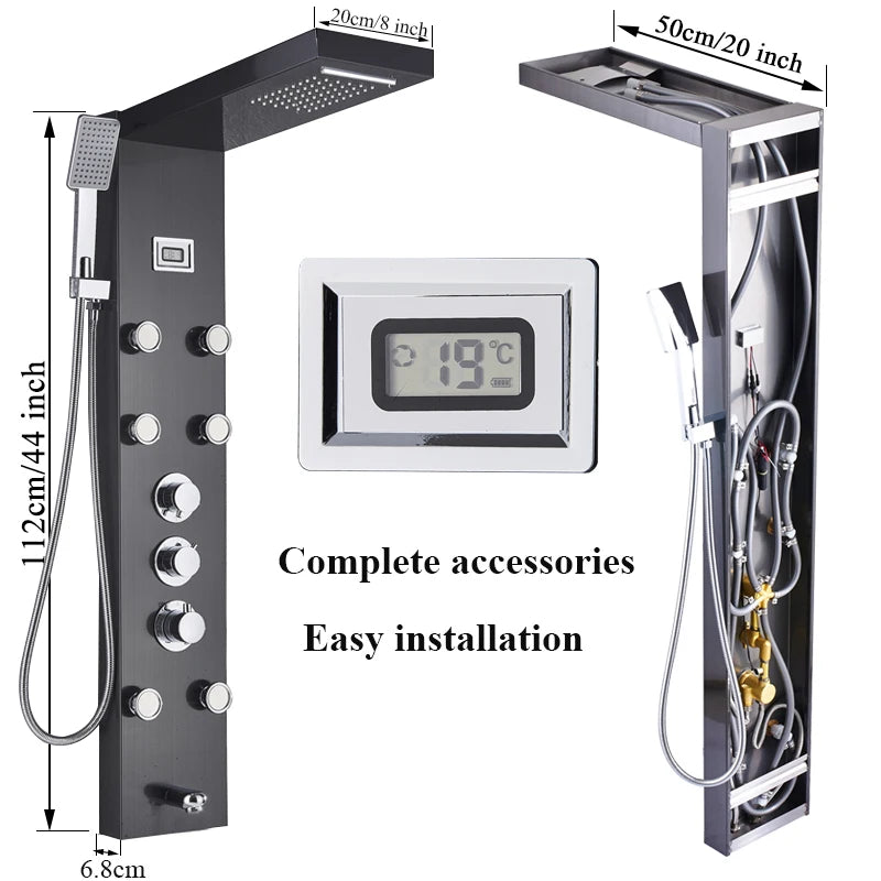 Black Bath Shower Thermostatic Mixer Shower Panel Rainfall