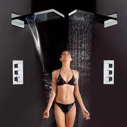 Matte Black Rain Waterfall Shower Thermostatic Mixer Bath