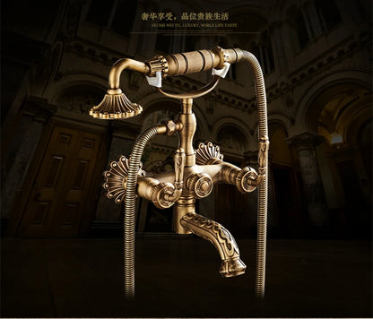 Antique Brass Bathtub Shower Faucets Wall Mounted Bath