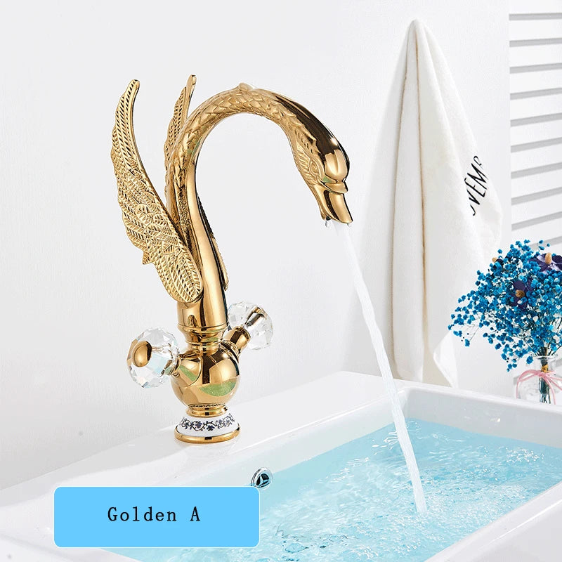 Golden Luxury Swan Basin Faucet Deck Mounted Bathroom