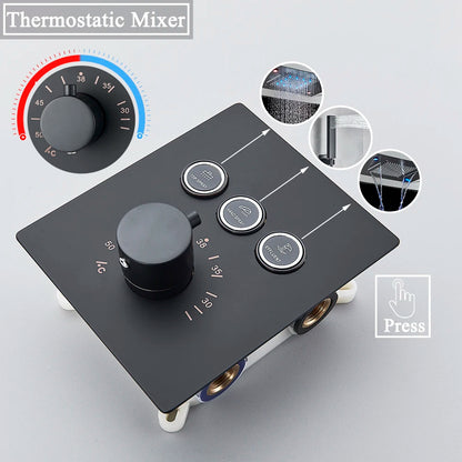 Black Led Thermostatic Bathroom Shower Faucet Rain Waterfall