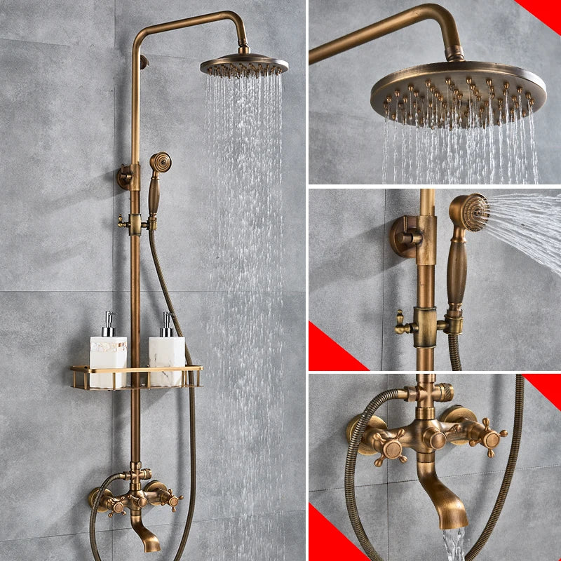 Antique Brass Bathroom Shower Faucets Rainfall Shower Head