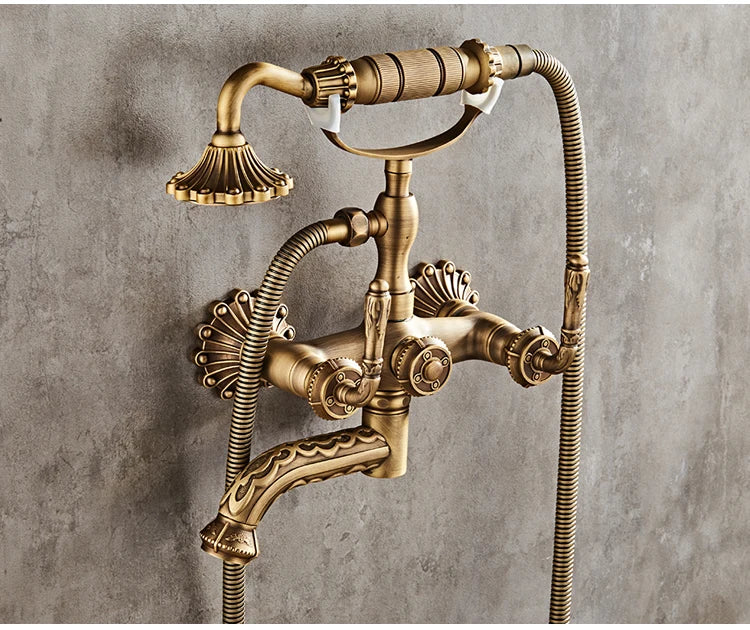 Antique Brass Bathtub Shower Faucets Wall Mounted Bath