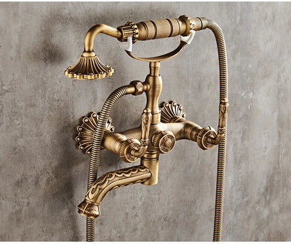 Antique Brass Bathtub Shower Faucets Wall Mounted Bath
