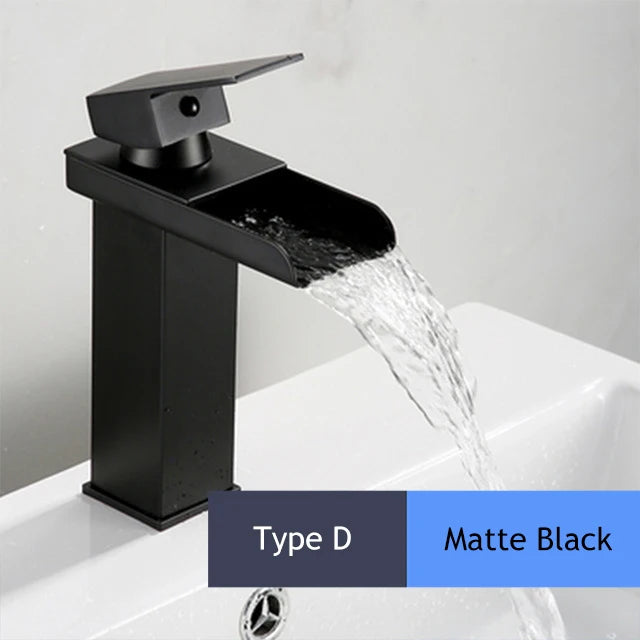 Handle Waterfall Matte Black Bathroom Basin Faucet Waterfall