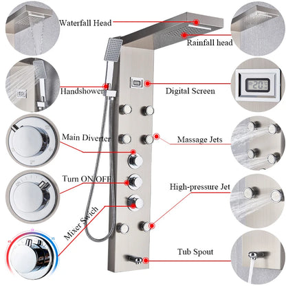 Black Bath Shower Thermostatic Mixer Shower Panel Rainfall