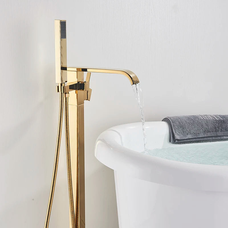 Shbshaimy Golden Floor Bathroom Bathtub Faucet Handshower Cold