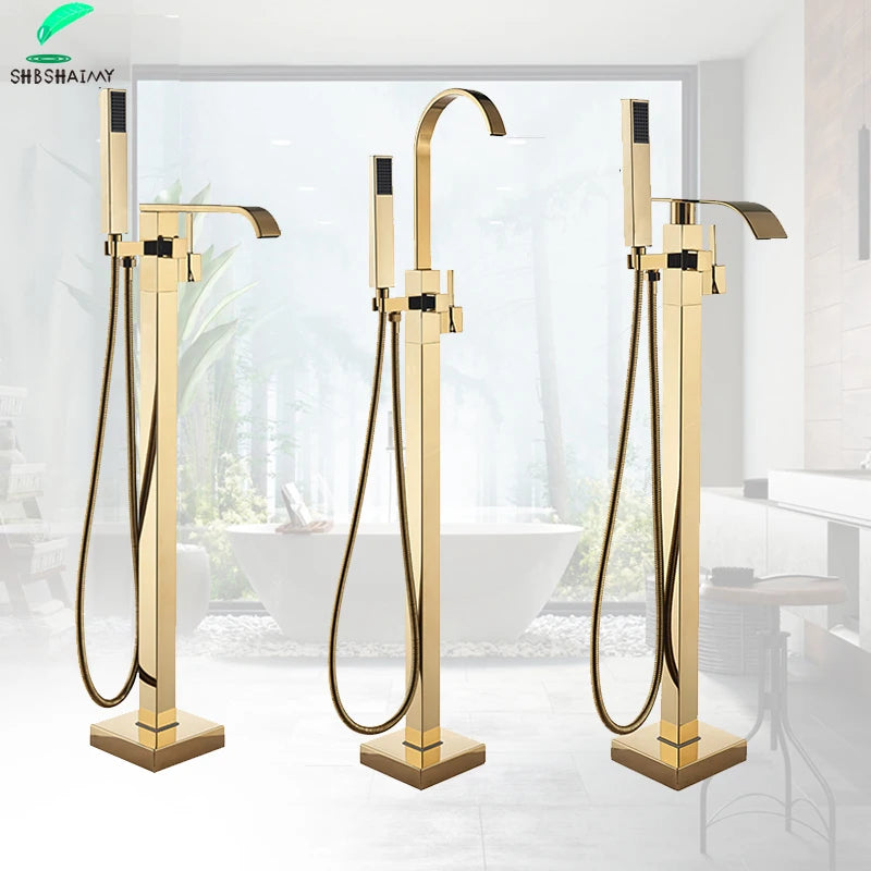 Shbshaimy Golden Floor Bathroom Bathtub Faucet Handshower Cold