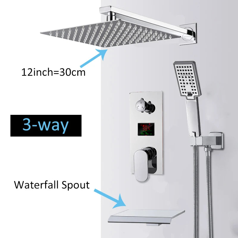 Chrome Bathroom Digital Display Shower Faucet Rainfall Shower