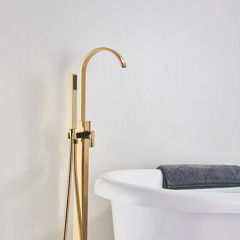 Shbshaimy Golden Floor Bathroom Bathtub Faucet Handshower Cold