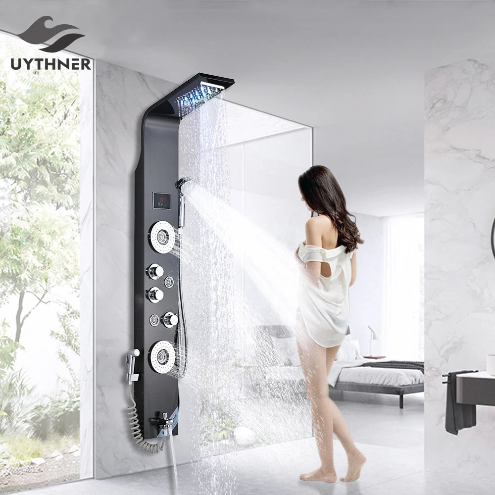 Luxury Black/Brushed Bathroom Shower Faucet Led Rainfall Shower