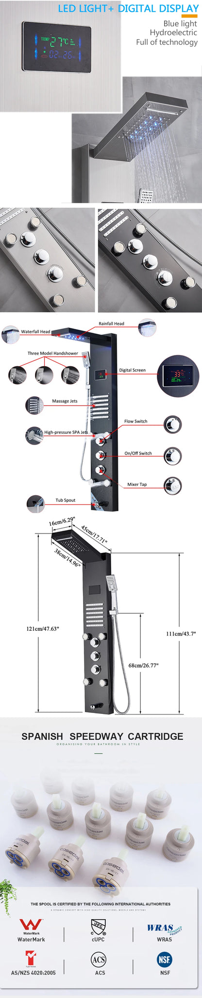 Luxury Black/Brushed Bathroom Led Shower Panel Tower System