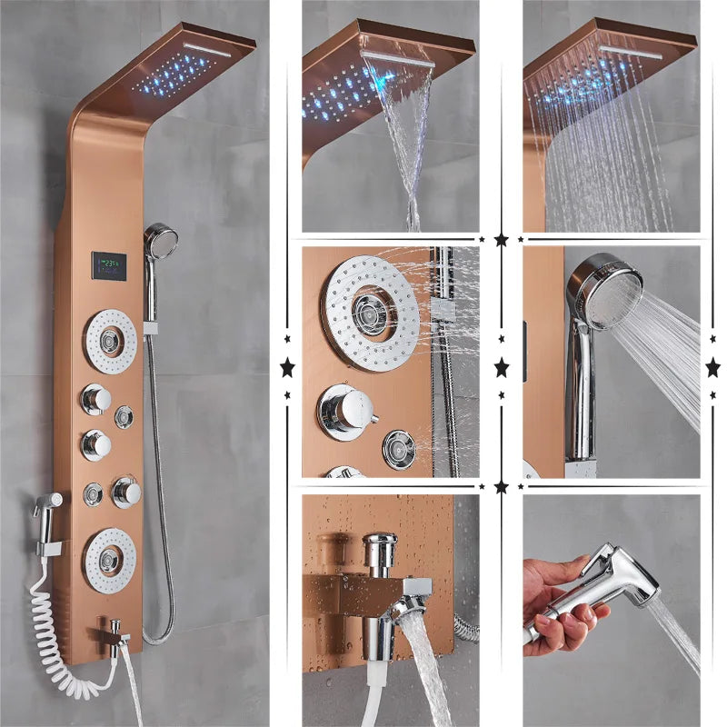 Luxury Black/Brushed Bathroom Shower Faucet Led Rainfall Shower