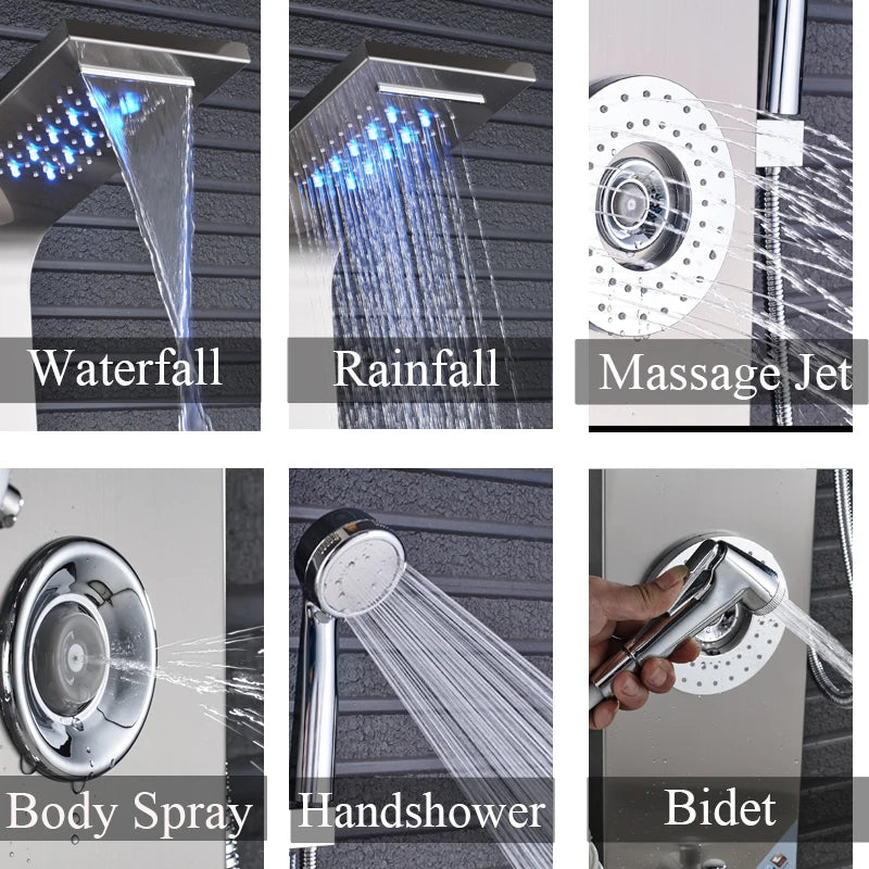 Luxury Black/Brushed Bathroom Shower Faucet Led Rainfall Shower