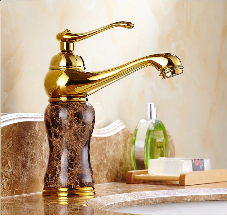 Luxury Golden Faucet Coffee Color Marble Bathroom Sink