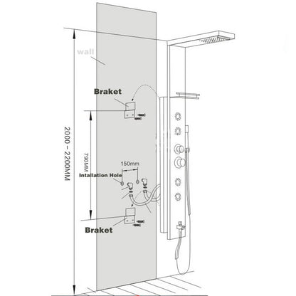 Black/Brushed Stainless Steel 5-Function Waterfall Rain Shower